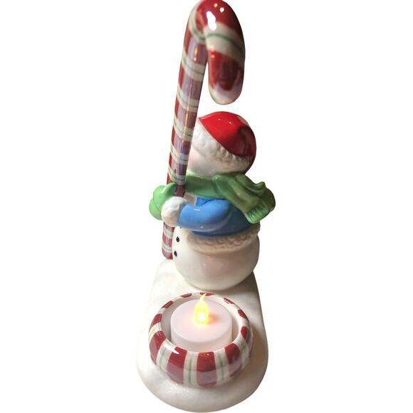 Vintage 2006 Happy Christmas Snowman Candycane Tealight Ceramic 7.75” - Picture 4 of 6